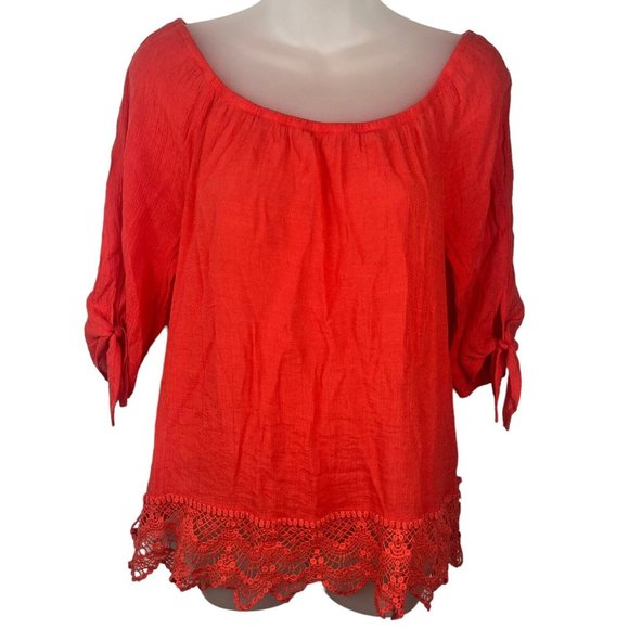Bobeau Top Blouse Red Orange Off The Shoulder Lace‎ Hem Women's Size Medium - Picture 2 of 16